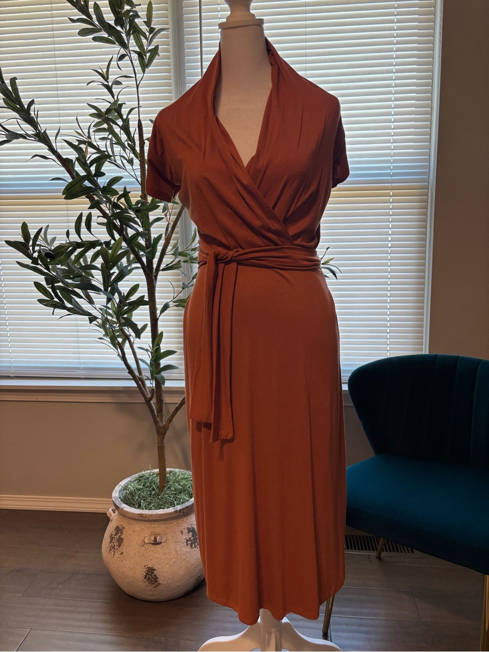 Rust Wrap-Style Midi Dress - Women